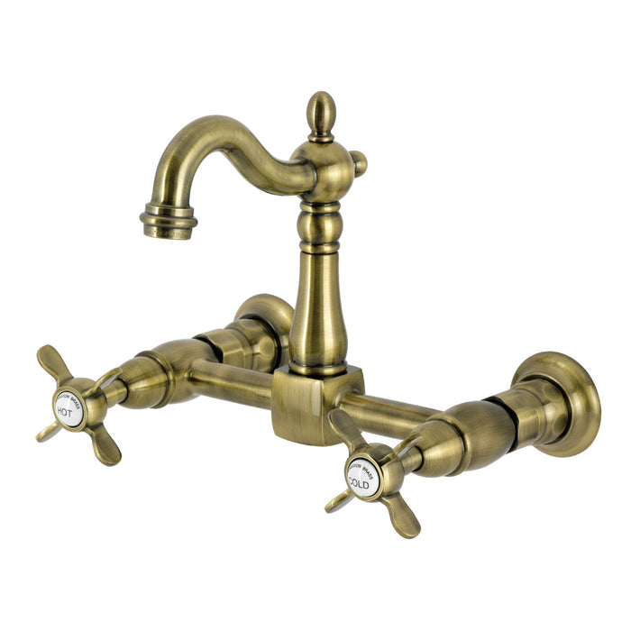 Kingston Heirloom KS2443BEX - Essex Two-Handle 2-Hole Wall Mount Bridge Kitchen Faucet, Antique Brass