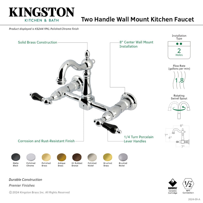 Kingston Heirloom KS2443PKL - Duchess Two-Handle 2-Hole Wall Mount Bridge Kitchen Faucet, Antique Brass