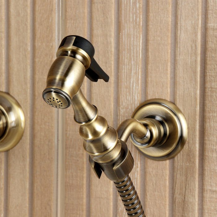 Kingston Heirloom KS2443PLBS - Heritage Two-Handle 3-Hole Wall Mount Bridge Kitchen Faucet with Brass Sprayer, Antique Brass