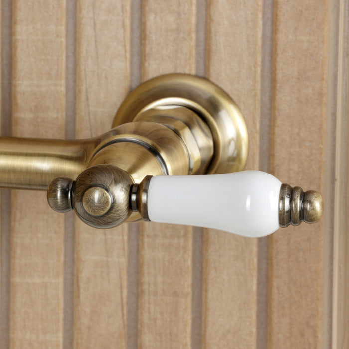 Kingston Heirloom KS2443PLBS - Heritage Two-Handle 3-Hole Wall Mount Bridge Kitchen Faucet with Brass Sprayer, Antique Brass