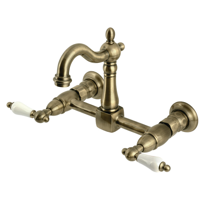 Kingston Heirloom KS2443PL - Heritage Two-Handle 2-Hole Wall Mount Bridge Kitchen Faucet, Antique Brass
