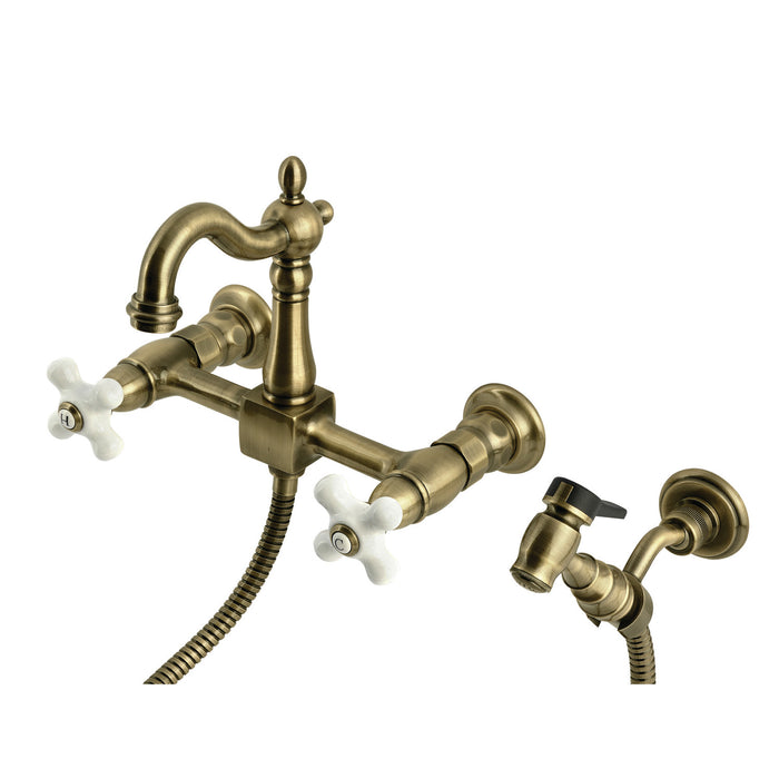 Kingston Heirloom KS2443PXBS - Heritage Two-Handle 3-Hole Wall Mount Bridge Kitchen Faucet with Brass Sprayer, Antique Brass
