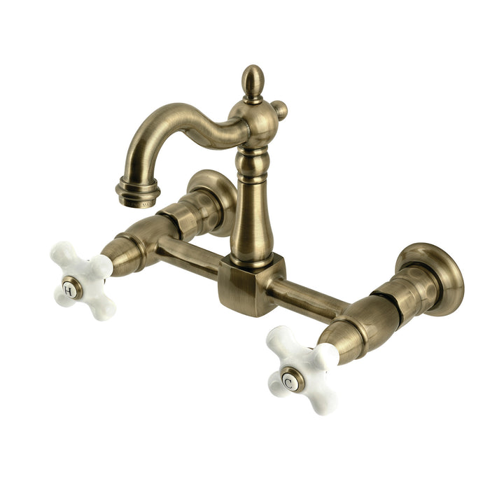 Kingston Heirloom KS2443PX - Heritage Two-Handle 2-Hole Wall Mount Bridge Kitchen Faucet, Antique Brass
