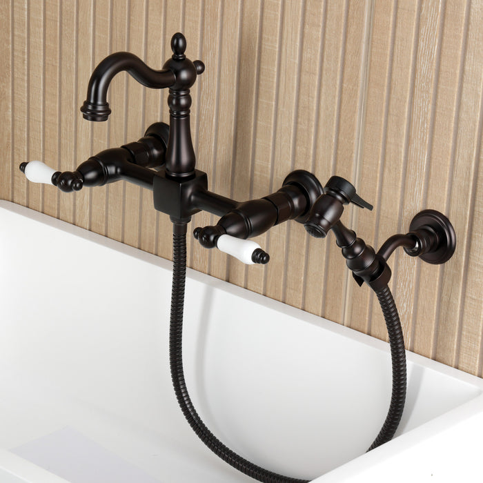 Kingston Heirloom KS2445PLBS - Heritage Two-Handle 3-Hole Wall Mount Bridge Kitchen Faucet with Brass Sprayer, Oil Rubbed Bronze