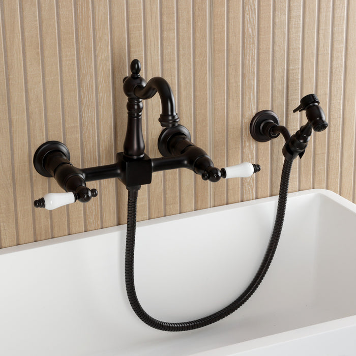 Kingston Heirloom KS2445PLBS - Heritage Two-Handle 3-Hole Wall Mount Bridge Kitchen Faucet with Brass Sprayer, Oil Rubbed Bronze