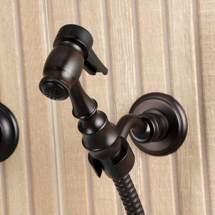 Kingston Heirloom KS2445PLBS - Heritage Two-Handle 3-Hole Wall Mount Bridge Kitchen Faucet with Brass Sprayer, Oil Rubbed Bronze