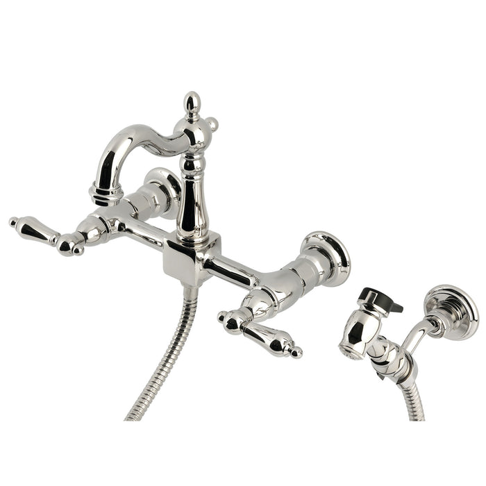Kingston Heirloom KS2446ALBS - Heritage Two-Handle 3-Hole Wall Mount Bridge Kitchen Faucet with Brass Sprayer, Polished Nickel