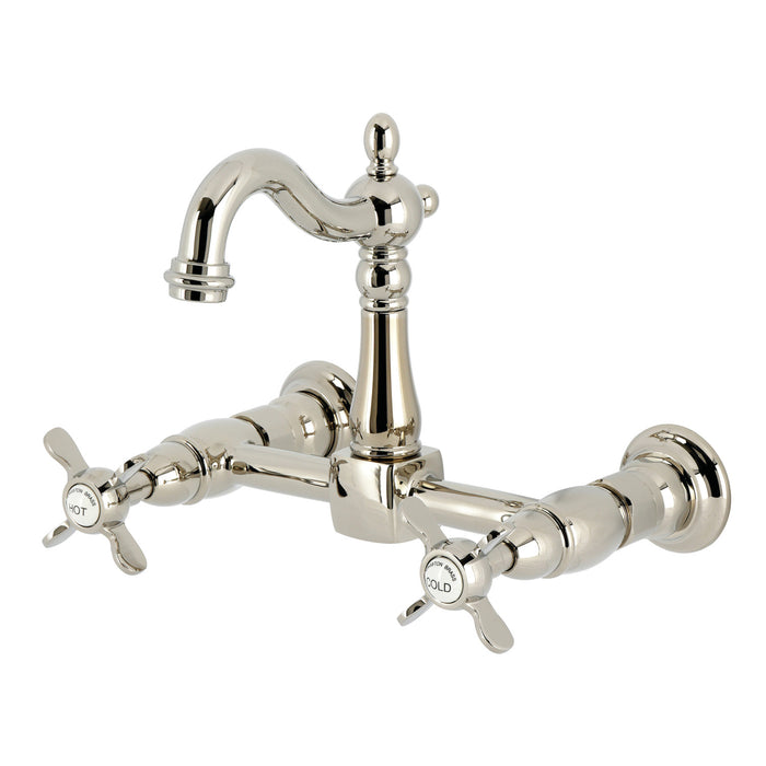 Kingston Heirloom KS2446BEX - Essex Two-Handle 2-Hole Wall Mount Bridge Kitchen Faucet, Polished Nickel