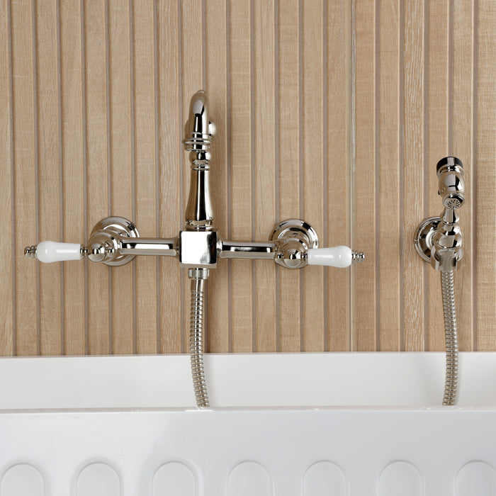 Kingston Heirloom KS2446PLBS - Heritage Two-Handle 3-Hole Wall Mount Bridge Kitchen Faucet with Brass Sprayer, Polished Nickel