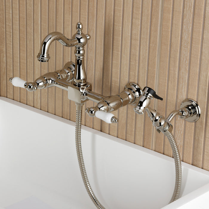 Kingston Heirloom KS2446PLBS - Heritage Two-Handle 3-Hole Wall Mount Bridge Kitchen Faucet with Brass Sprayer, Polished Nickel