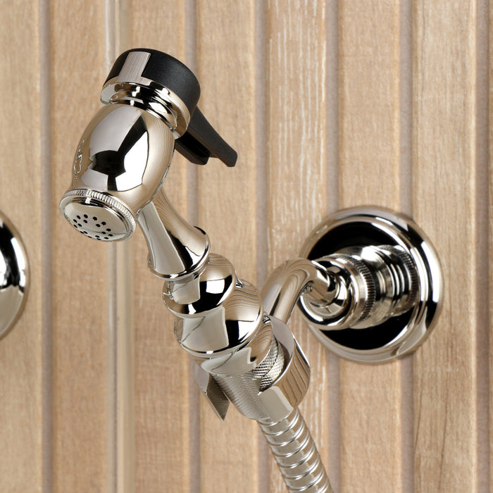 Kingston Heirloom KS2446PLBS - Heritage Two-Handle 3-Hole Wall Mount Bridge Kitchen Faucet with Brass Sprayer, Polished Nickel