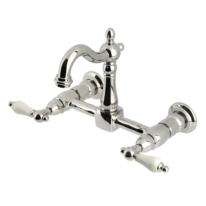 Kingston Heirloom KS2446PL - Heritage Two-Handle 2-Hole Wall Mount Bridge Kitchen Faucet, Polished Nickel