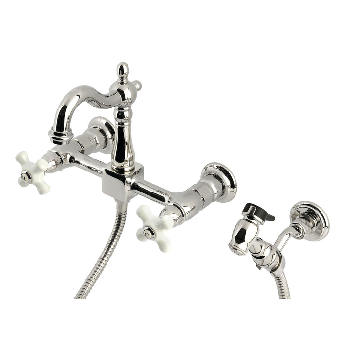 Kingston Heirloom KS2446PXBS - Heritage Two-Handle 3-Hole Wall Mount Bridge Kitchen Faucet with Brass Sprayer, Polished Nickel