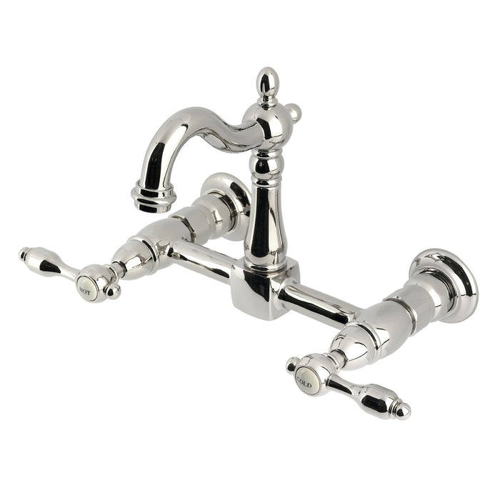 Kingston Heirloom KS2446TAL - Tudor Two-Handle 2-Hole Wall Mount Bridge Kitchen Faucet, Polished Nickel