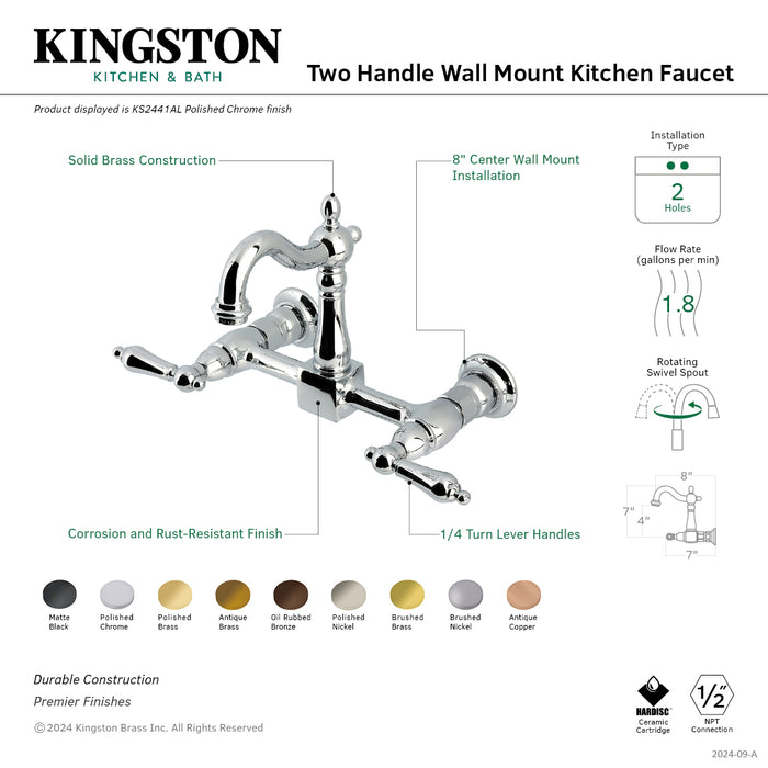 Kingston Heirloom KS2447AL - Heritage Two-Handle 2-Hole Wall Mount Bridge Kitchen Faucet, Brushed Brass