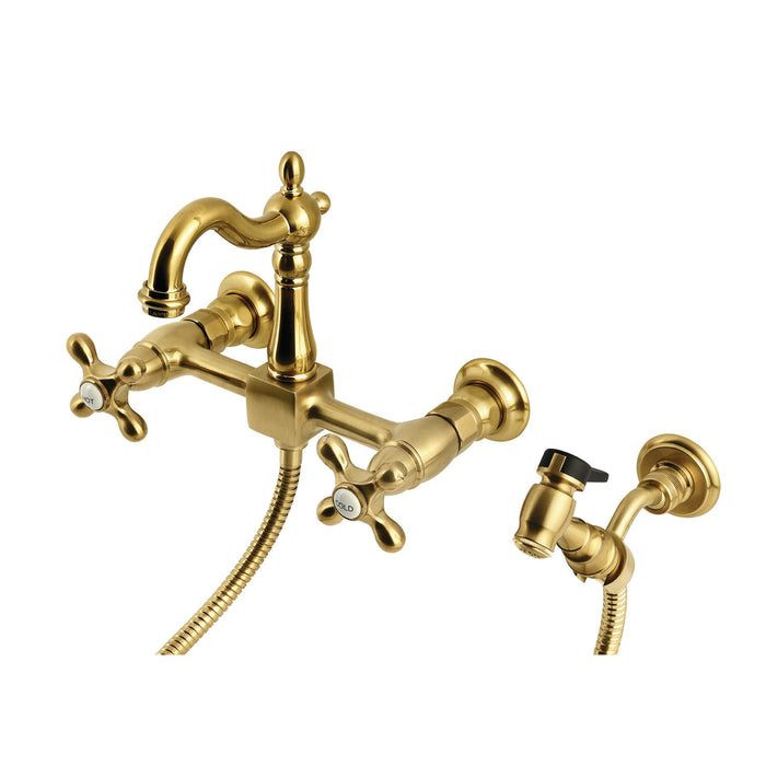Kingston Heirloom KS2447AXBS - Heritage Two-Handle 3-Hole Wall Mount Bridge Kitchen Faucet with Brass Sprayer, Brushed Brass