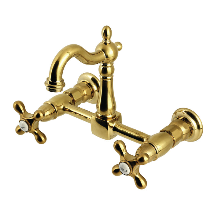 Kingston Heirloom KS2447AX - Heritage Two-Handle 2-Hole Wall Mount Bridge Kitchen Faucet, Brushed Brass