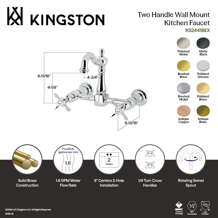 Kingston Heirloom KS2447BEX - Essex Two-Handle 2-Hole Wall Mount Bridge Kitchen Faucet, Brushed Brass