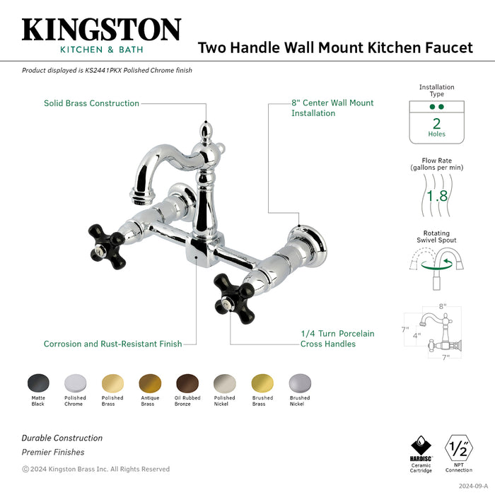 Kingston Heirloom KS2447PKX - Duchess Two-Handle 2-Hole Wall Mount Bridge Kitchen Faucet, Brushed Brass