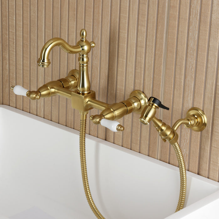 Kingston Heirloom KS2447PLBS - Heritage Two-Handle 3-Hole Wall Mount Bridge Kitchen Faucet with Brass Sprayer, Brushed Brass