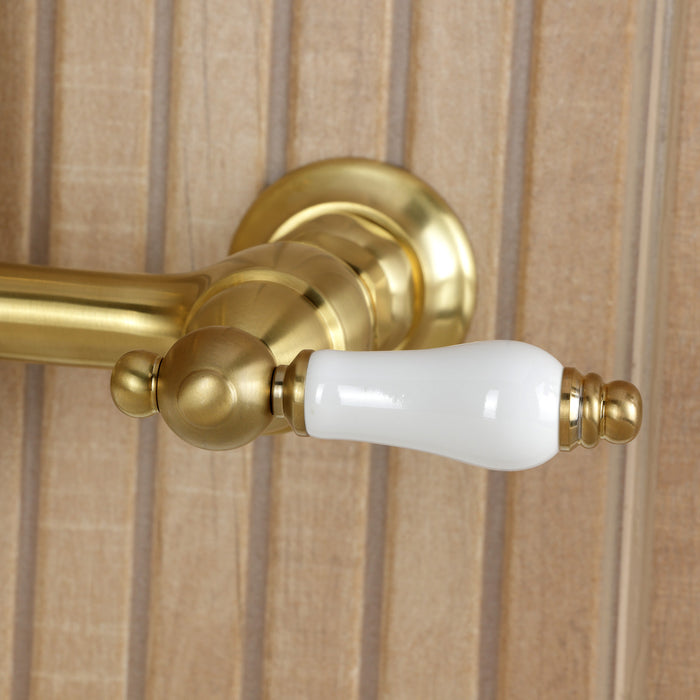 Kingston Heirloom KS2447PLBS - Heritage Two-Handle 3-Hole Wall Mount Bridge Kitchen Faucet with Brass Sprayer, Brushed Brass