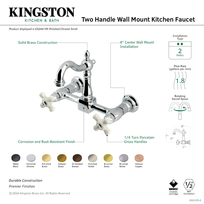 Kingston Heirloom KS2447PX - Heritage Two-Handle 2-Hole Wall Mount Bridge Kitchen Faucet, Brushed Brass