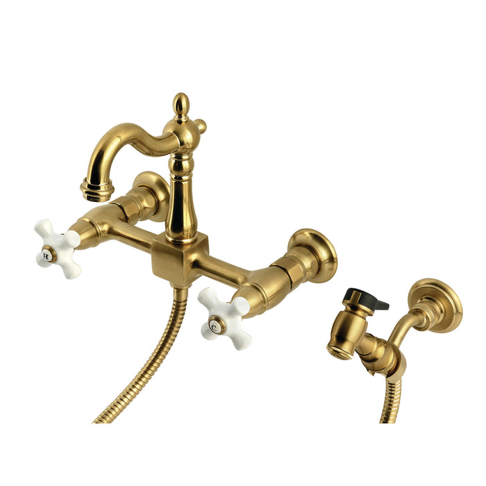Kingston Heirloom KS2447PXBS - Heritage Two-Handle 3-Hole Wall Mount Bridge Kitchen Faucet with Brass Sprayer, Brushed Brass