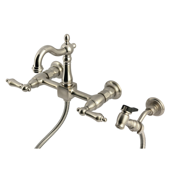 Kingston Heirloom KS2448ALBS - Heritage Two-Handle 3-Hole Wall Mount Bridge Kitchen Faucet with Brass Sprayer, Brushed Nickel