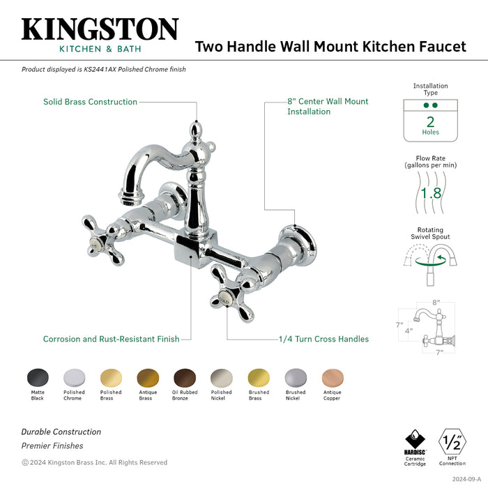 Kingston Heirloom KS2448AX - Heritage Two-Handle 2-Hole Wall Mount Bridge Kitchen Faucet, Brushed Nickel