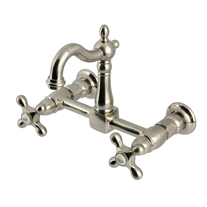 Kingston Heirloom KS2448AX - Heritage Two-Handle 2-Hole Wall Mount Bridge Kitchen Faucet, Brushed Nickel