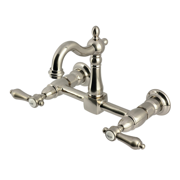 Kingston Heirloom KS2448BAL - Heirloom Two-Handle 2-Hole Wall Mount Bridge Kitchen Faucet, Brushed Nickel