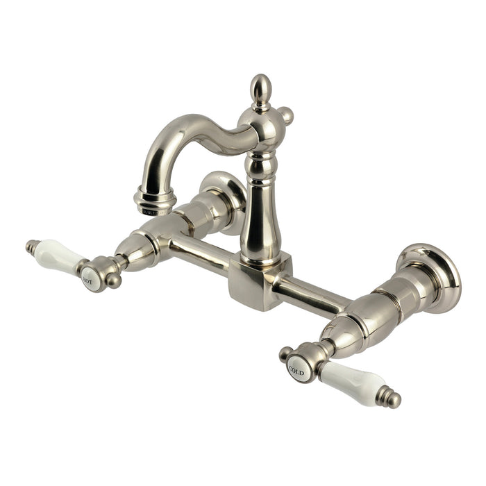 Kingston Heirloom KS2448BPL - Bel-Air Two-Handle 2-Hole Wall Mount Bridge Kitchen Faucet, Brushed Nickel
