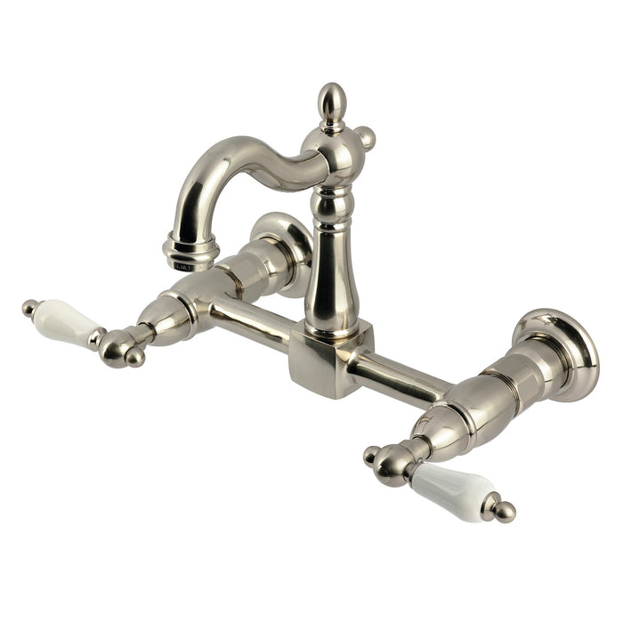Kingston Heirloom KS2448PL - Heritage Two-Handle 2-Hole Wall Mount Bridge Kitchen Faucet, Brushed Nickel