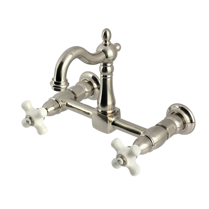 Kingston Heirloom KS2448PX - Heritage Two-Handle 2-Hole Wall Mount Bridge Kitchen Faucet, Brushed Nickel