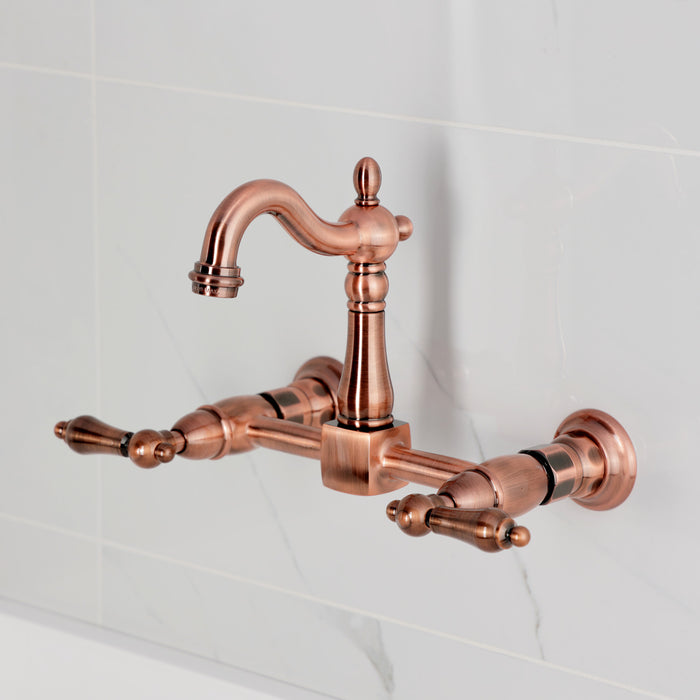 Kingston Heirloom KS244ALAC - Heritage Two-Handle 2-Hole Wall Mount Bridge Kitchen Faucet, Antique Copper