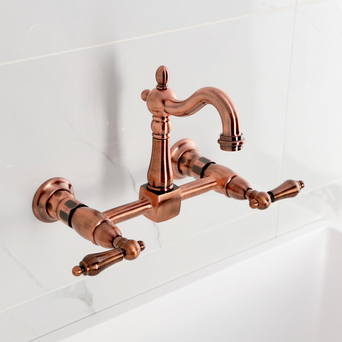 Kingston Heirloom KS244ALAC - Heritage Two-Handle 2-Hole Wall Mount Bridge Kitchen Faucet, Antique Copper