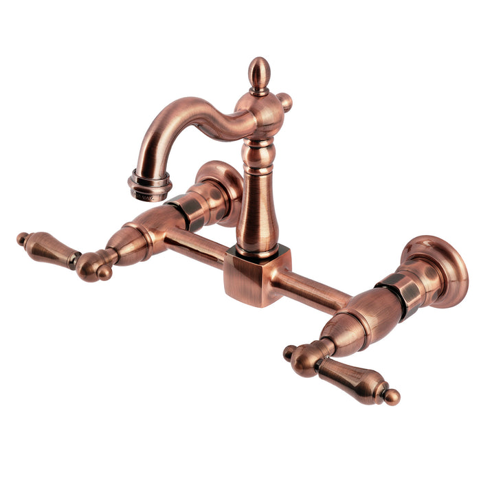 Kingston Heirloom KS244ALAC - Heritage Two-Handle 2-Hole Wall Mount Bridge Kitchen Faucet, Antique Copper