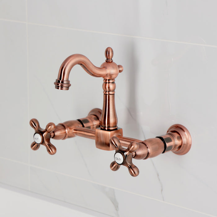 Kingston Heirloom KS244AXAC - Heritage Two-Handle 2-Hole Wall Mount Bridge Kitchen Faucet, Antique Copper