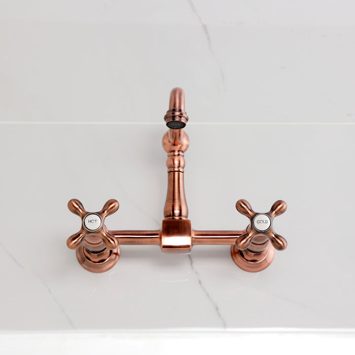 Kingston Heirloom KS244AXAC - Heritage Two-Handle 2-Hole Wall Mount Bridge Kitchen Faucet, Antique Copper