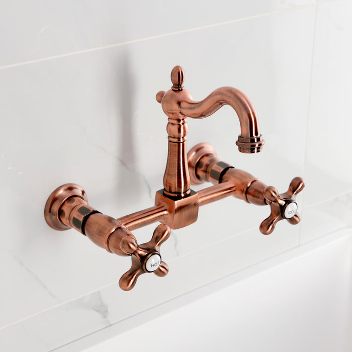 Kingston Heirloom KS244AXAC - Heritage Two-Handle 2-Hole Wall Mount Bridge Kitchen Faucet, Antique Copper