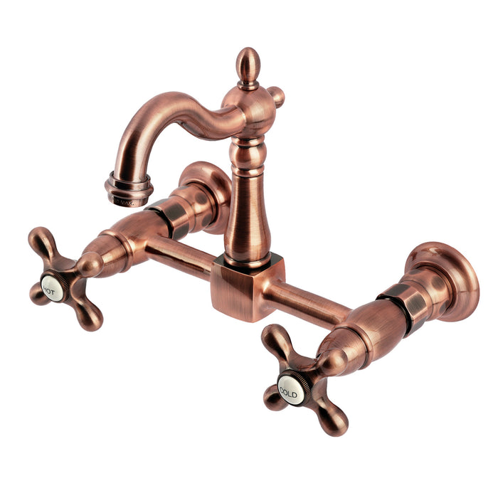 Kingston Heirloom KS244AXAC - Heritage Two-Handle 2-Hole Wall Mount Bridge Kitchen Faucet, Antique Copper