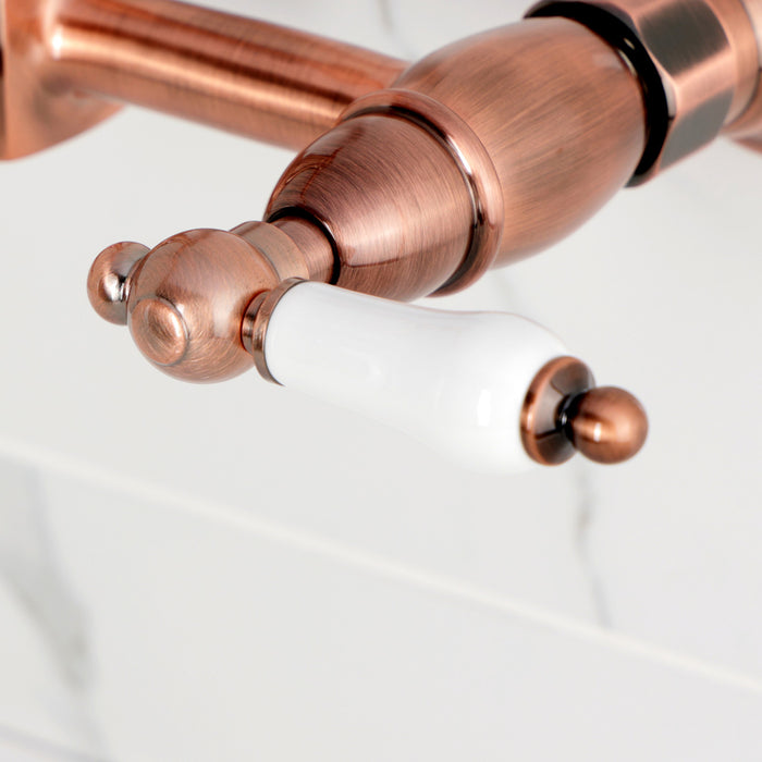Kingston Heirloom KS244PLAC - Heritage Two-Handle 2-Hole Wall Mount Bridge Kitchen Faucet, Antique Copper