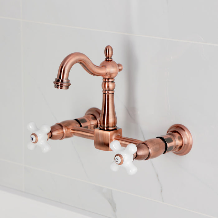 Kingston Heirloom KS244PXAC - Heritage Two-Handle 2-Hole Wall Mount Bridge Kitchen Faucet, Antique Copper