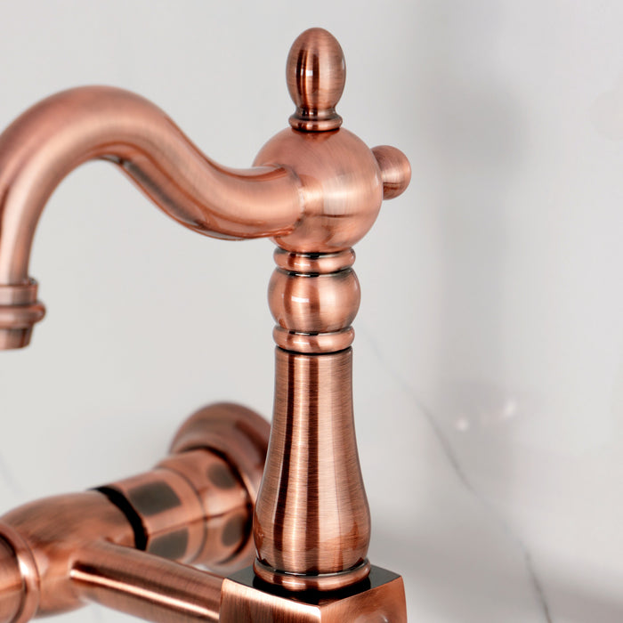 Kingston Heirloom KS244PXAC - Heritage Two-Handle 2-Hole Wall Mount Bridge Kitchen Faucet, Antique Copper