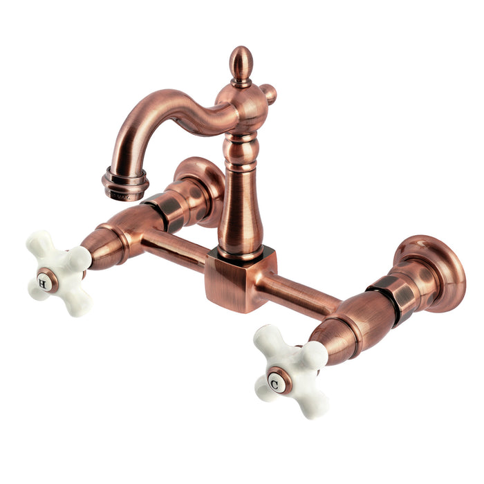 Kingston Heirloom KS244PXAC - Heritage Two-Handle 2-Hole Wall Mount Bridge Kitchen Faucet, Antique Copper
