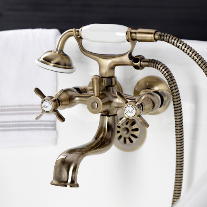 Kingston Heirloom KS245AB - Essex Three-Handle 2-Hole Tub Wall Mount Clawfoot Tub Faucet with Handshower, Antique Brass