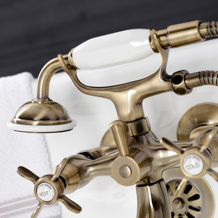 Kingston Heirloom KS245AB - Essex Three-Handle 2-Hole Tub Wall Mount Clawfoot Tub Faucet with Handshower, Antique Brass