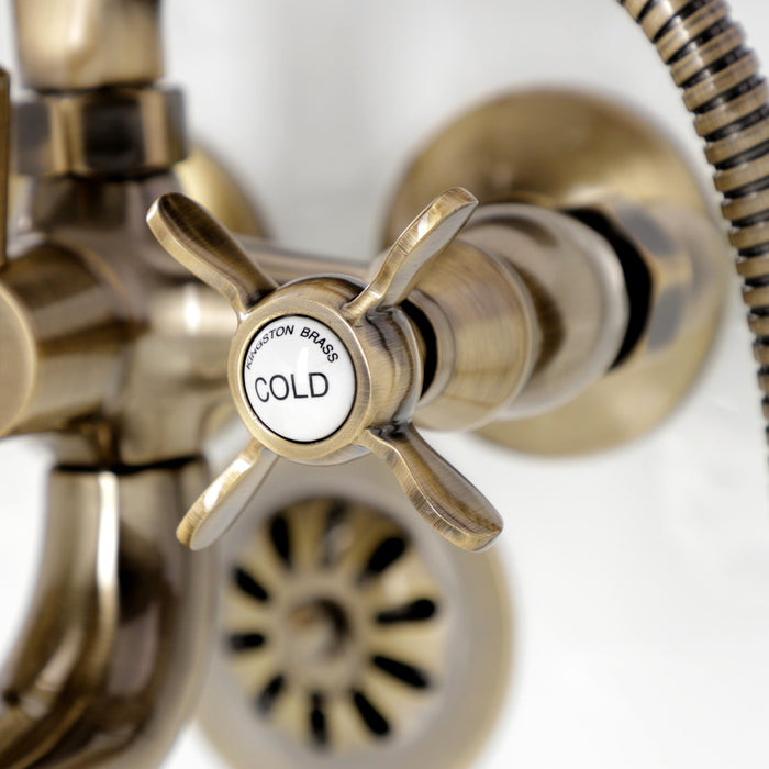 Kingston Heirloom KS245AB - Essex Three-Handle 2-Hole Tub Wall Mount Clawfoot Tub Faucet with Handshower, Antique Brass