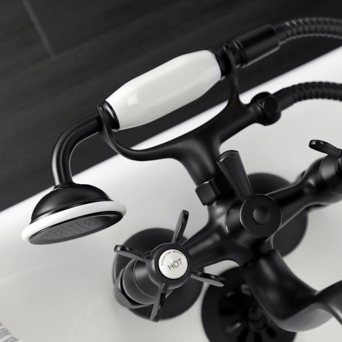 Kingston Heirloom KS245MB - Essex Three-Handle 2-Hole Tub Wall Mount Clawfoot Tub Faucet with Handshower, Matte Black