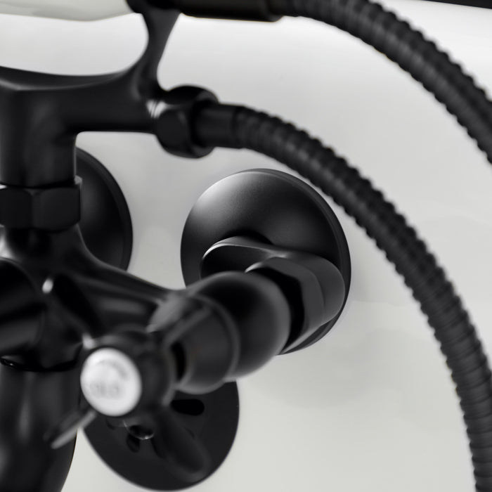 Kingston Heirloom KS245MB - Essex Three-Handle 2-Hole Tub Wall Mount Clawfoot Tub Faucet with Handshower, Matte Black